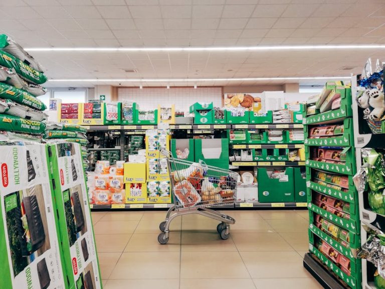 Grocery cart in a bright supermarket aisle