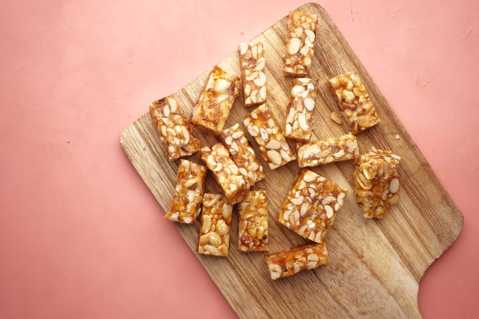 Snack bars and nuts arranged on a table