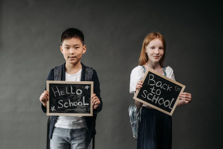Kids with backpacks and school-themed supplies