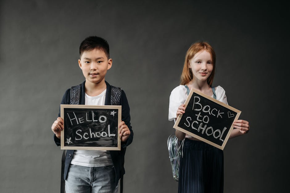 Kids with backpacks and school-themed supplies