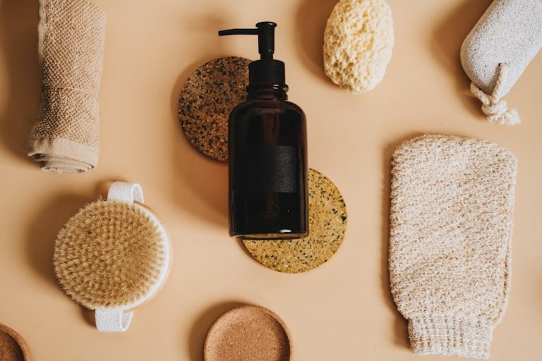 Neutral skincare and bath essentials arranged for an affordable skincare deals guide